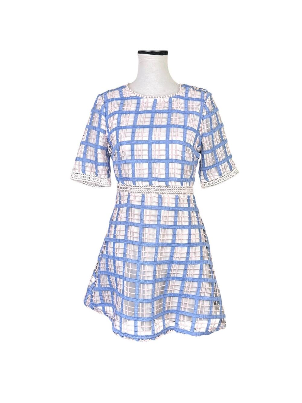 Just Me Blue & Pink Windowpane Plaid Overlay Fit & Flare Layered Dress